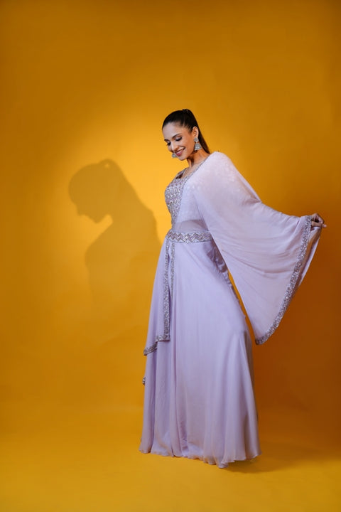 Lavender double layered skirt and crop top with drape set.