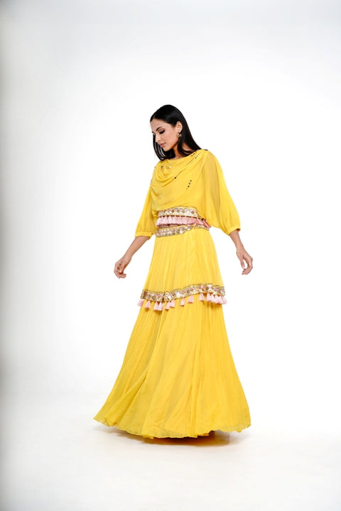 Mustard Cowl draped crop top with tassles and rushed tassled skirt set.