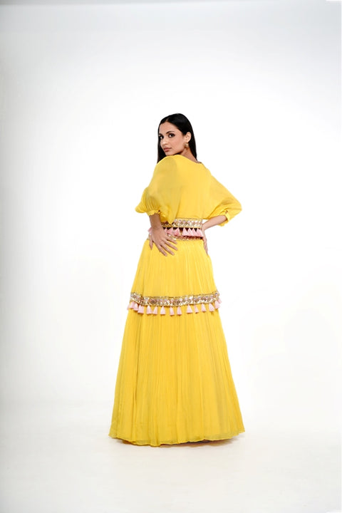 Mustard Cowl draped crop top with tassles and rushed tassled skirt set.