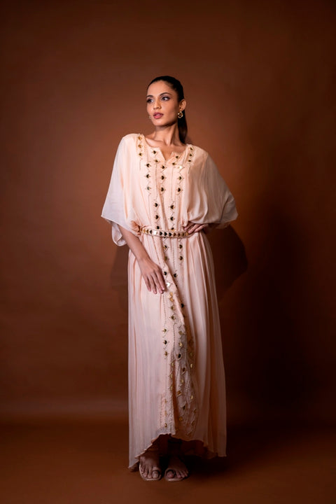 Peach crepe embroidered kaftan with belt.