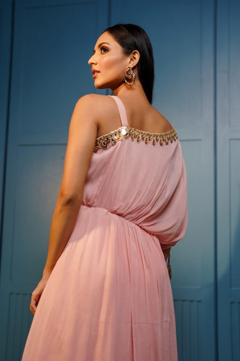 Baby pink one shoulder gathered tunic with flared palazzo.