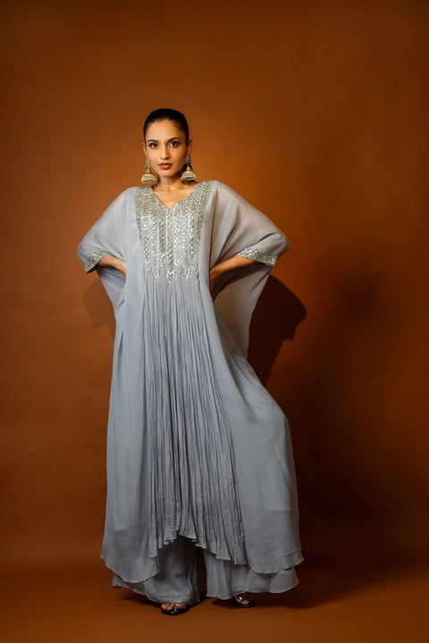 Grey embroidered kaftan tunic with palazzo set.