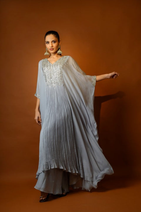 Grey embroidered kaftan tunic with palazzo set.