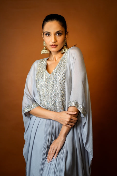 Grey embroidered kaftan tunic with palazzo set.