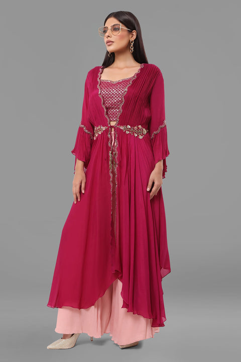 Magenta gathered jacket with crop top and pallazo.