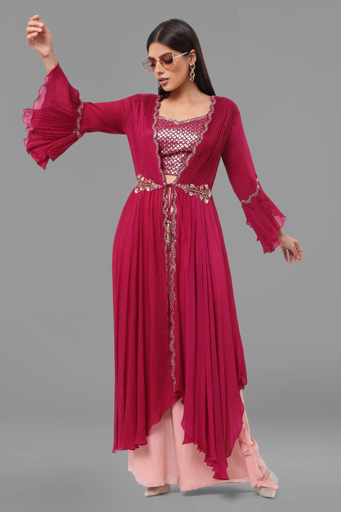 Magenta gathered jacket with crop top and pallazo.