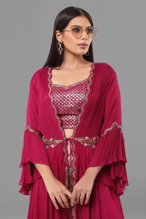 Magenta gathered jacket with crop top and pallazo.