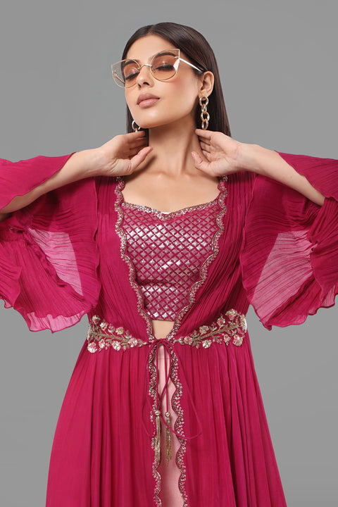 Magenta gathered jacket with crop top and pallazo.