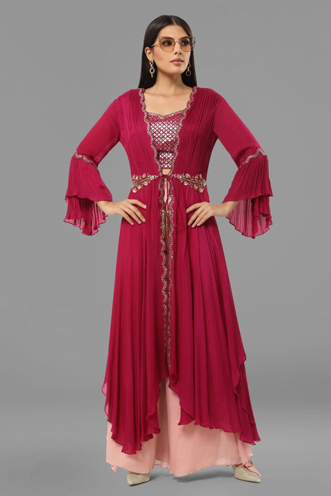 Magenta gathered jacket with crop top and pallazo.