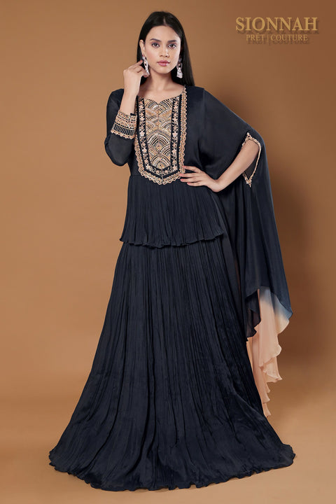 Navy blue Gathered peplum gown.