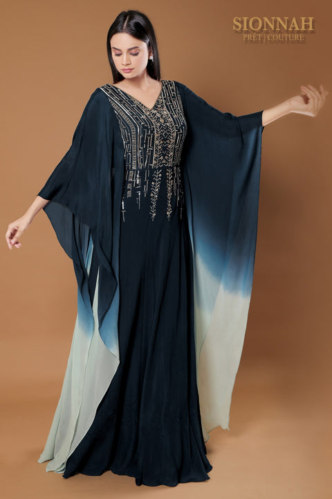 Teal blue Kaftan with front and back embroidered gown.