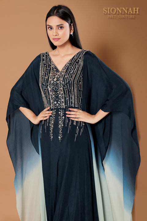 Teal blue Kaftan with front and back embroidered gown.