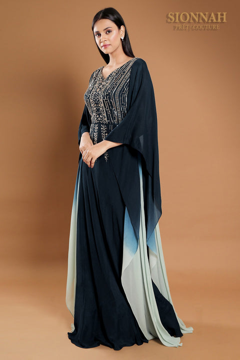 Teal blue Kaftan with front and back embroidered gown.