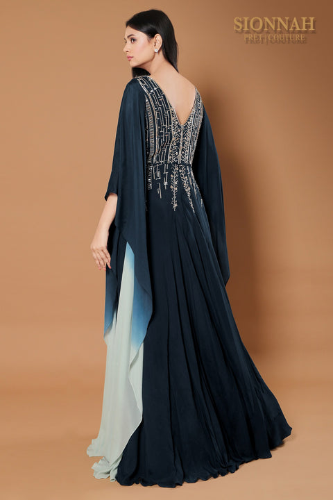 Teal blue Kaftan with front and back embroidered gown.