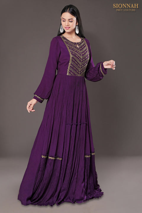 Purple Balloon sleeves rushed gown.