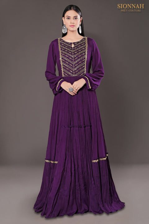 Purple Balloon sleeves rushed gown.