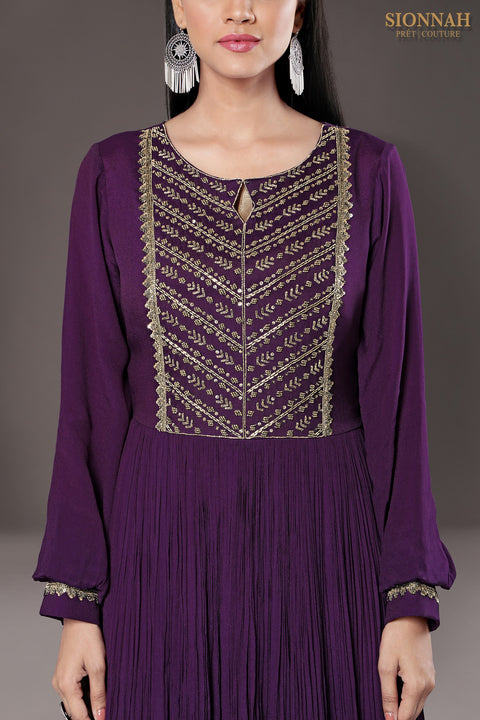 Purple Balloon sleeves rushed gown.
