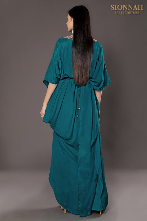 Teal green Draped gown with belt.