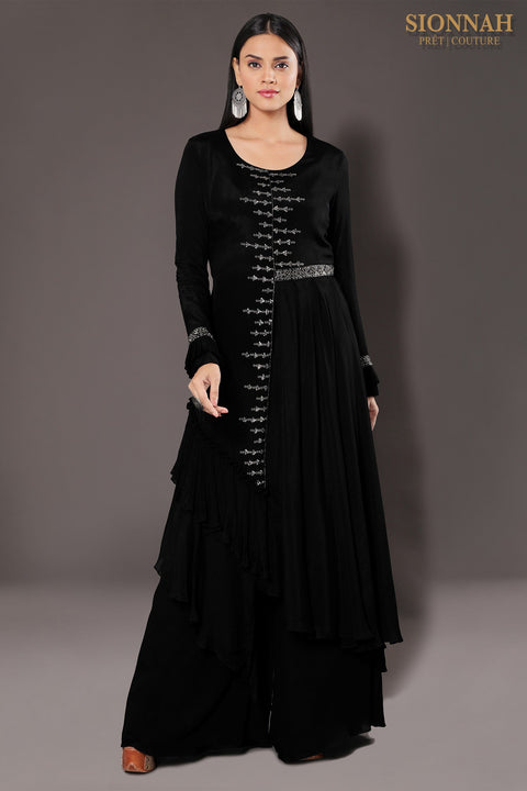 Black Pleated gun metal tunic with pallazo.