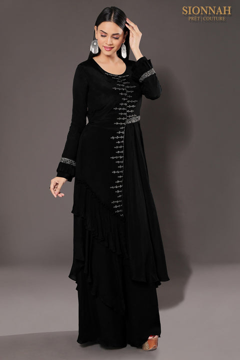 Black Pleated gun metal tunic with pallazo.