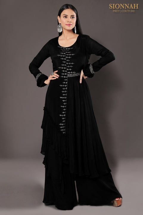 Black Pleated gun metal tunic with pallazo.