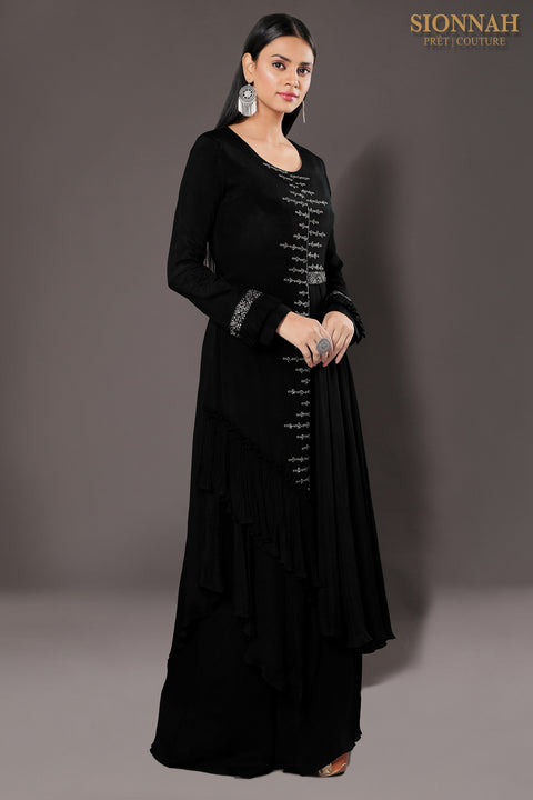 Black Pleated gun metal tunic with pallazo.