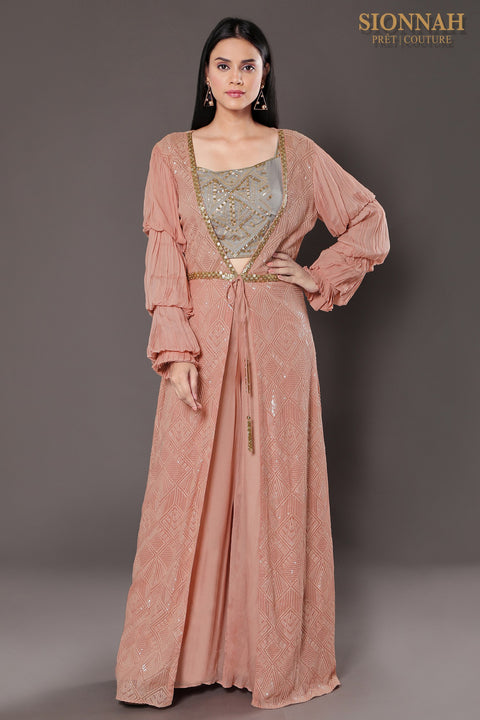 Mauve pink textured fabric jacket set.