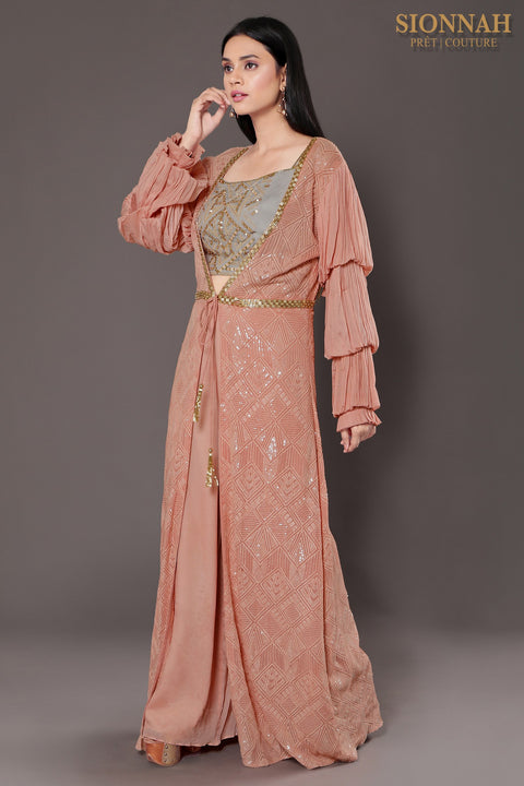 Mauve pink textured fabric jacket set.