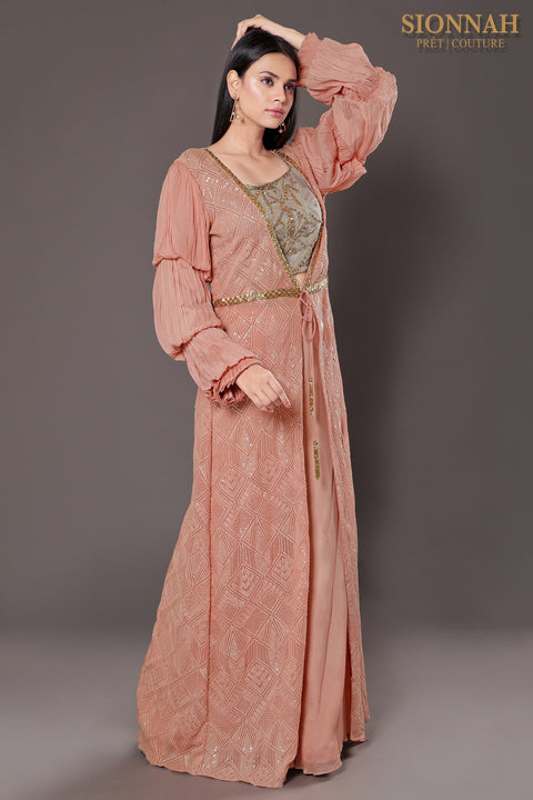 Mauve pink textured fabric jacket set.