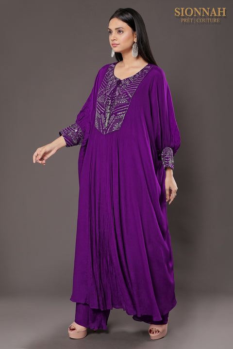 Purple wide cuff kaftan tunic set.