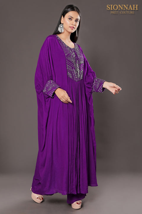 Purple wide cuff kaftan tunic set.