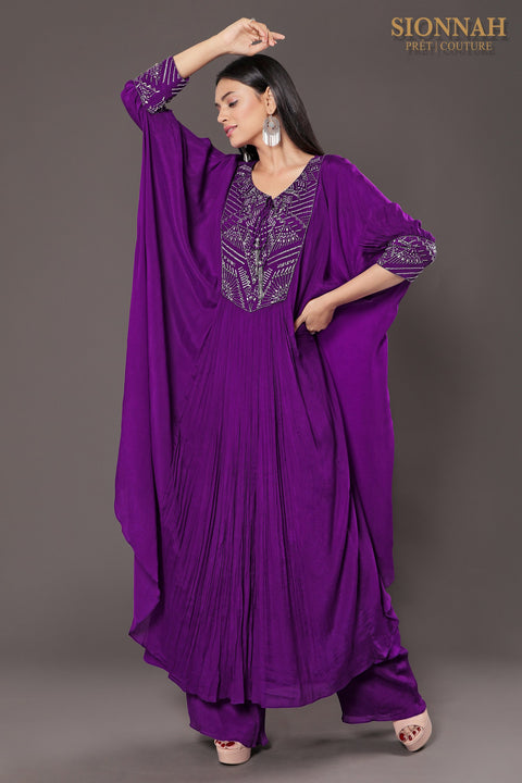 Purple wide cuff kaftan tunic set.