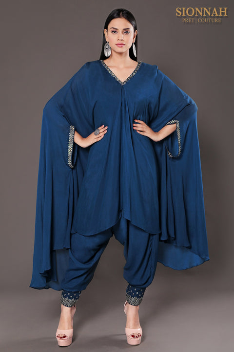 Deep teal Cape style flared tunic with dhoti pants.