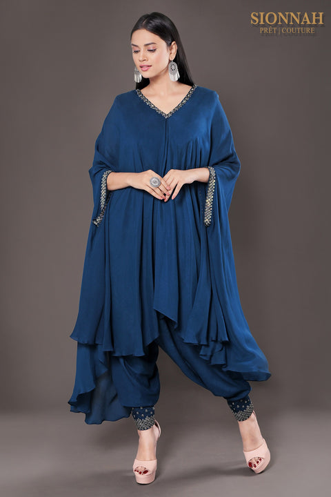 Deep teal Cape style flared tunic with dhoti pants.