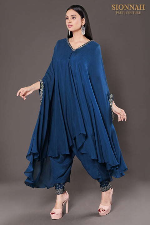 Deep teal Cape style flared tunic with dhoti pants.