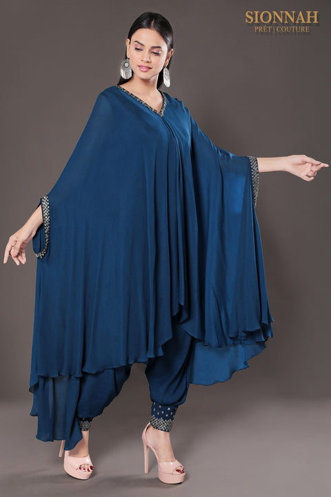 Deep teal Cape style flared tunic with dhoti pants.