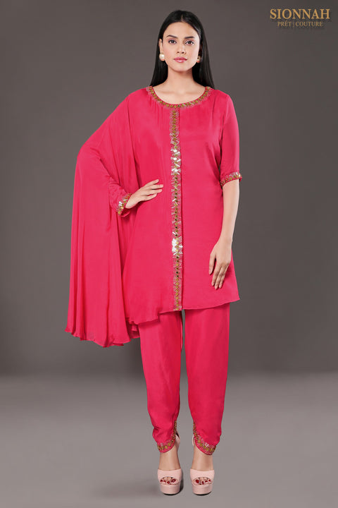 Hot pink one side flared tunic with tulip pants.