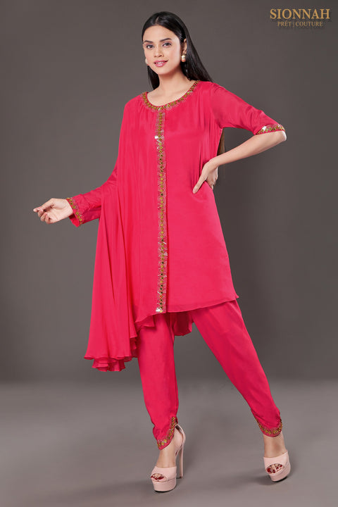 Hot pink one side flared tunic with tulip pants.