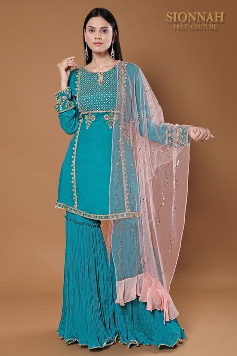 Turquoise blue tunic with rushed gharara set.