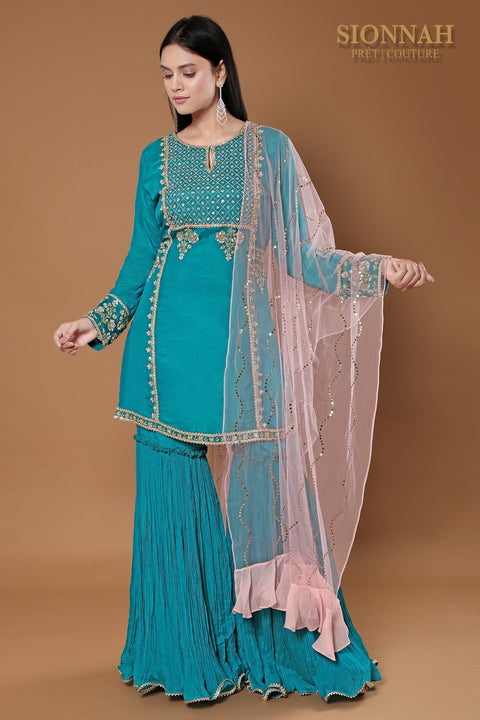 Turquoise blue tunic with rushed gharara set.
