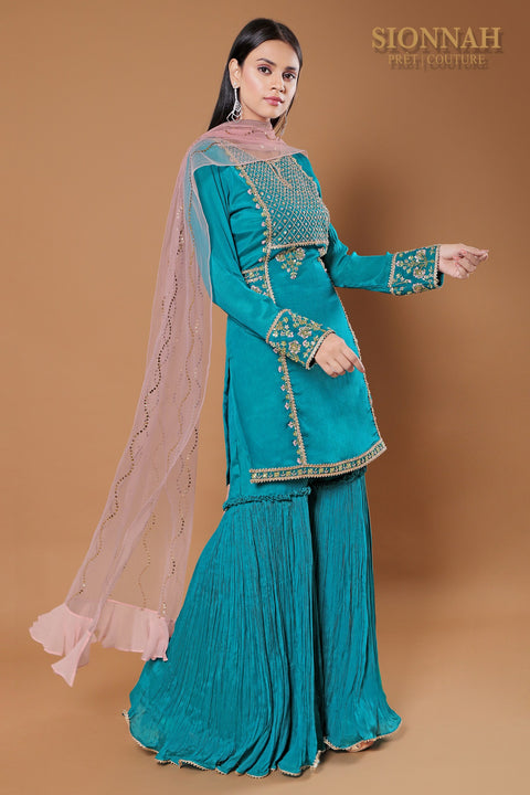 Turquoise blue tunic with rushed gharara set.