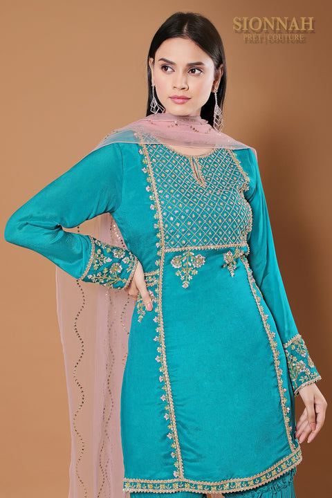 Turquoise blue tunic with rushed gharara set.