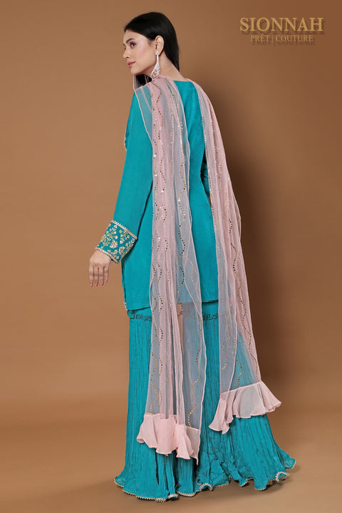 Turquoise blue tunic with rushed gharara set.
