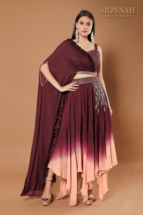 Plum asymmetrical skirt set.