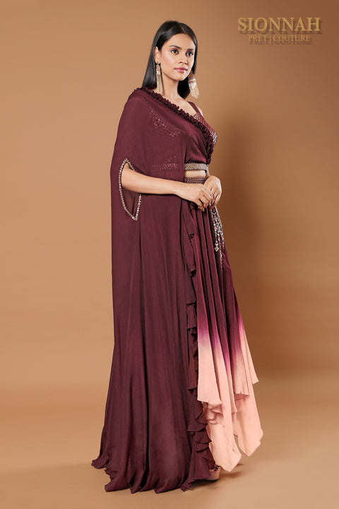 Plum asymmetrical skirt set.