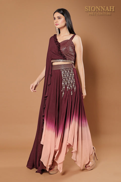Plum asymmetrical skirt set.
