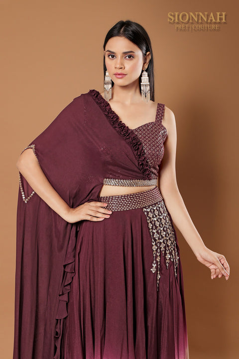 Plum asymmetrical skirt set.