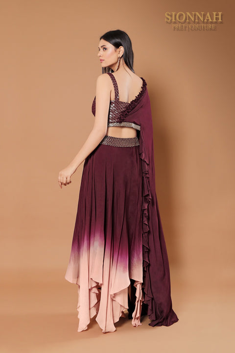 Plum asymmetrical skirt set.