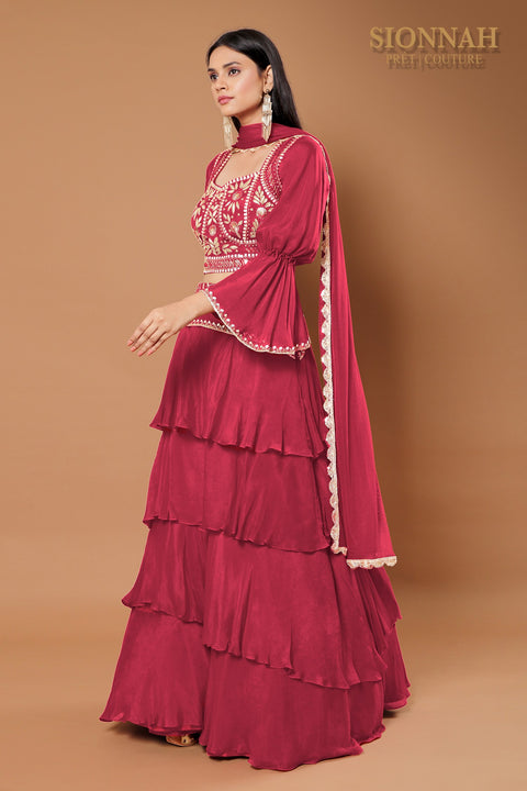 Maroon multi layered skirt set.