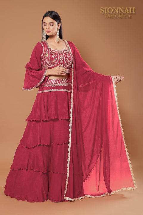 Maroon multi layered skirt set.